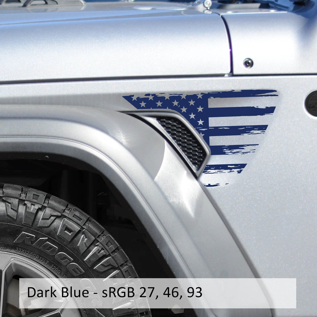 Distressed dark blue American flag fender vent decal pair shown flat for Jeep Wrangler JL and Gladiator JT