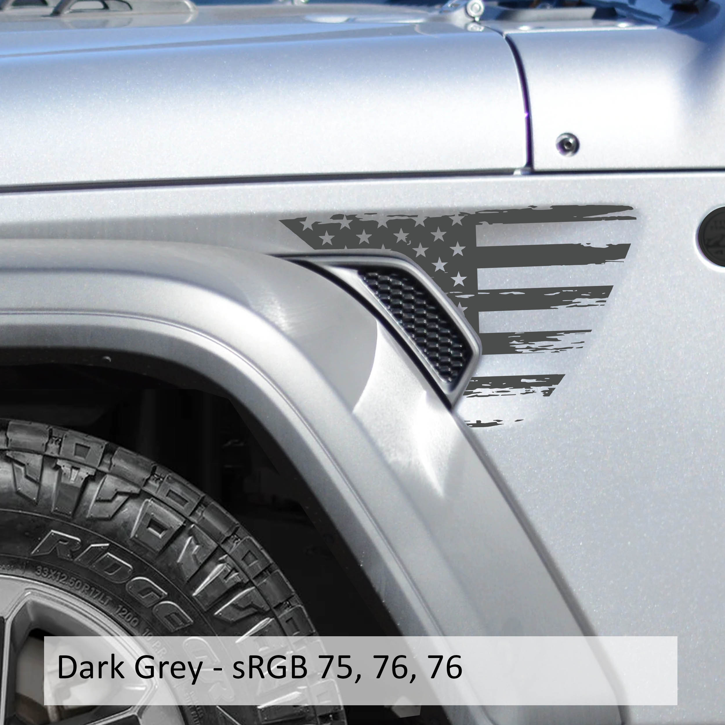 Distressed dark gray American flag fender vent decal pair shown flat for Jeep Wrangler JL and Gladiator JT