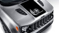 Black distressed star with pine trees blackout hood decal on silver Jeep Renegade with tire tread