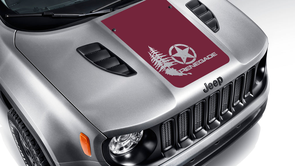 Burgundy distressed star with pine trees blackout hood decal on silver Jeep Renegade hood