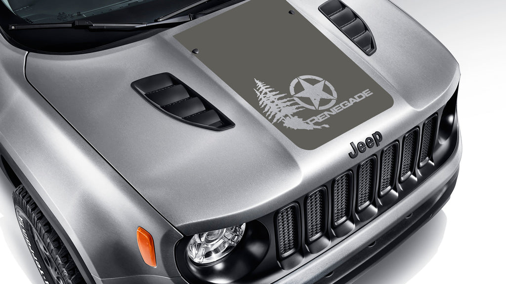 Dark grey distressed star with pine trees blackout hood decal on silver Jeep Renegade hood