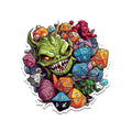 Green-skinned goblin chomping fanged grin surrounded by colorful polyhedral D20 D8 D6 RPG dice and dragons