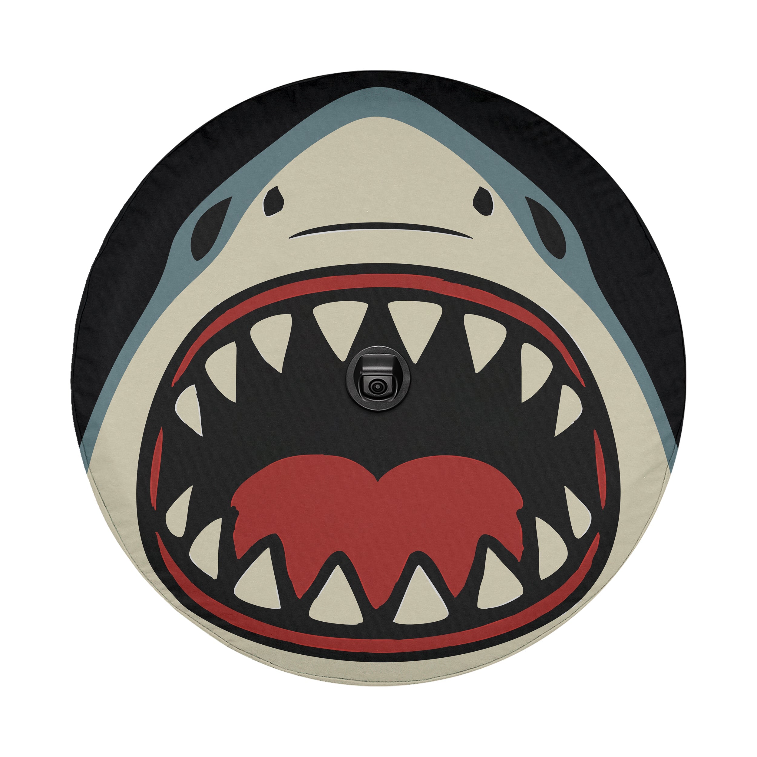 Shark Bite spare tire cover front view with stylized cartoon shark biting mouth design