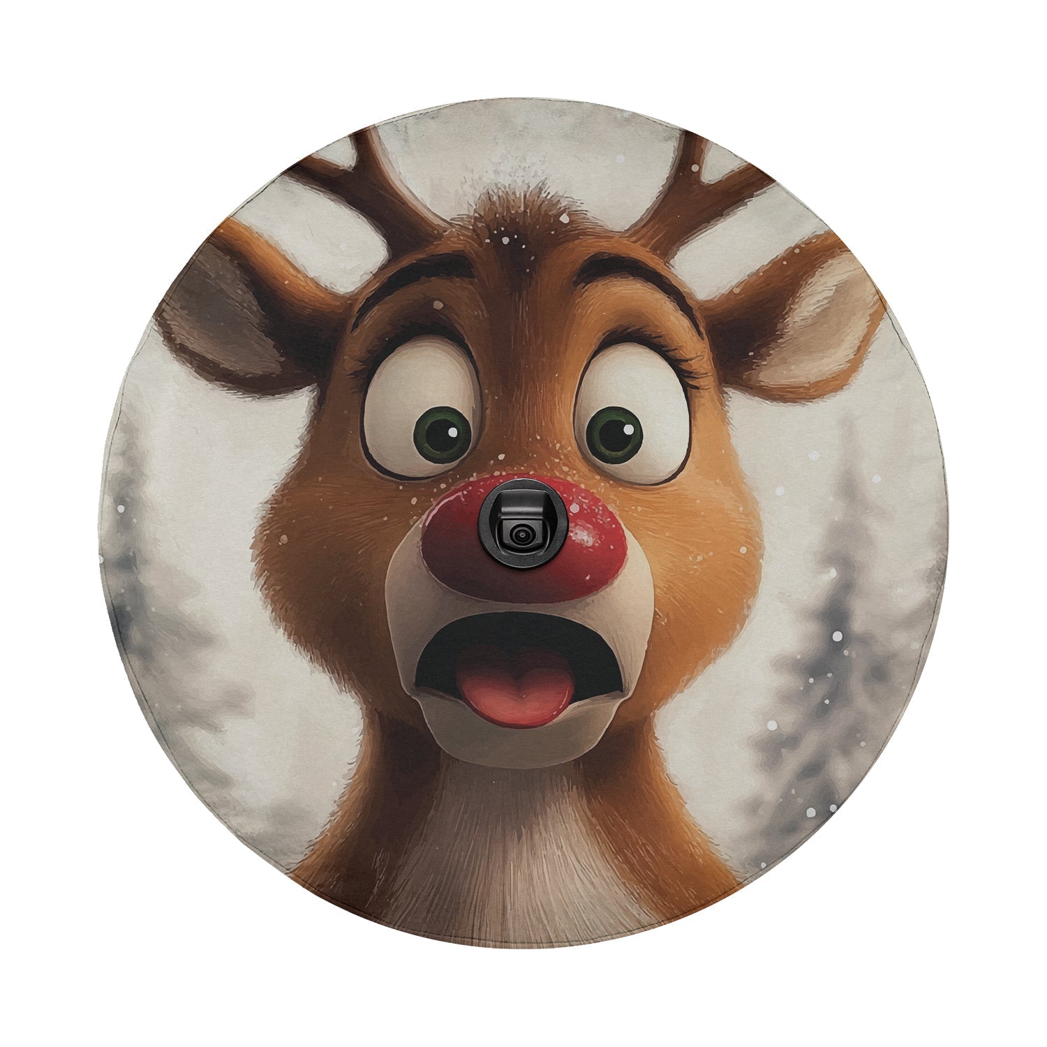 Surprised Rudolph red-nosed reindeer round tire cover art with backup camera hole at center red nose