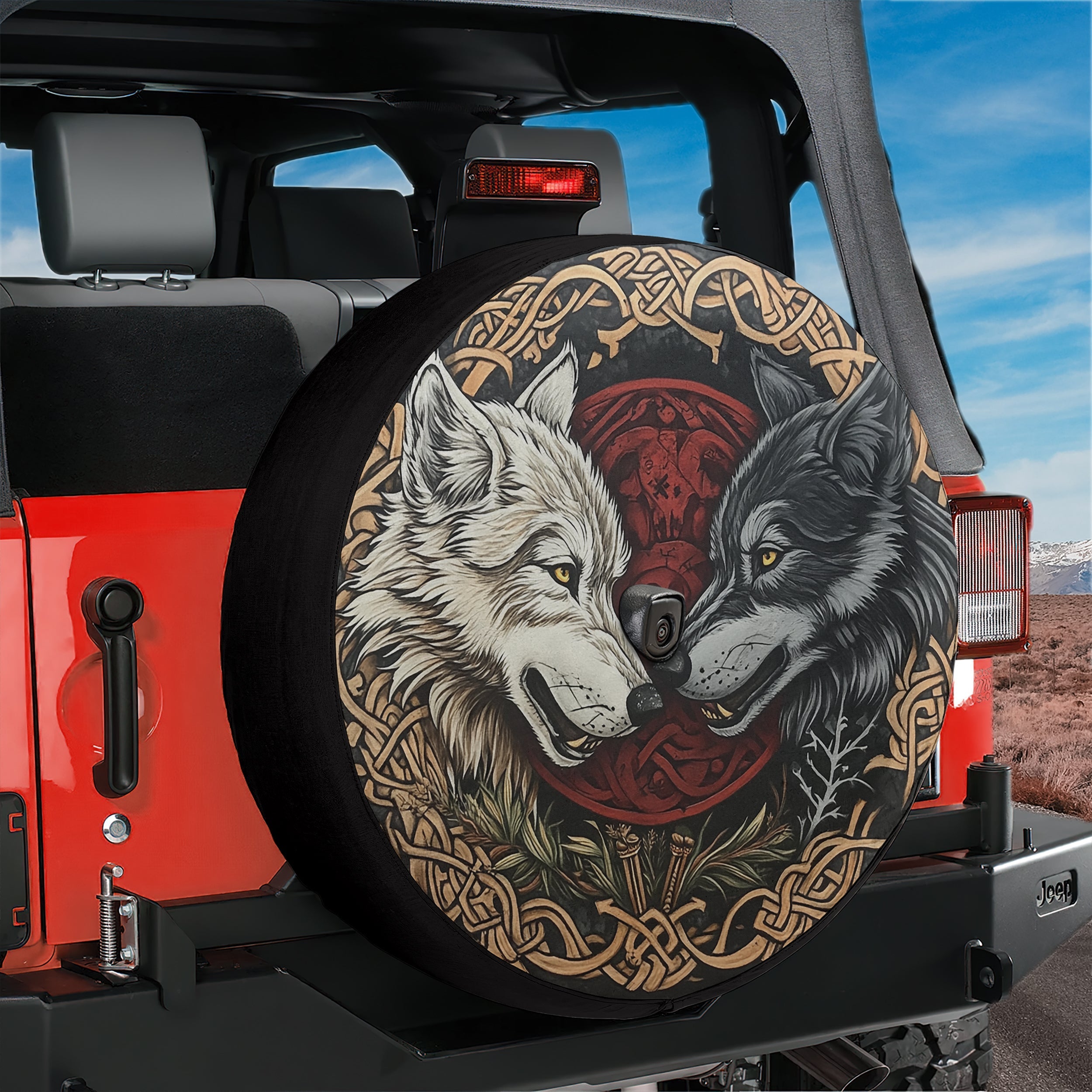 Skoll and Hati Viking wolves spare tire cover lifestyle shot on SUV
