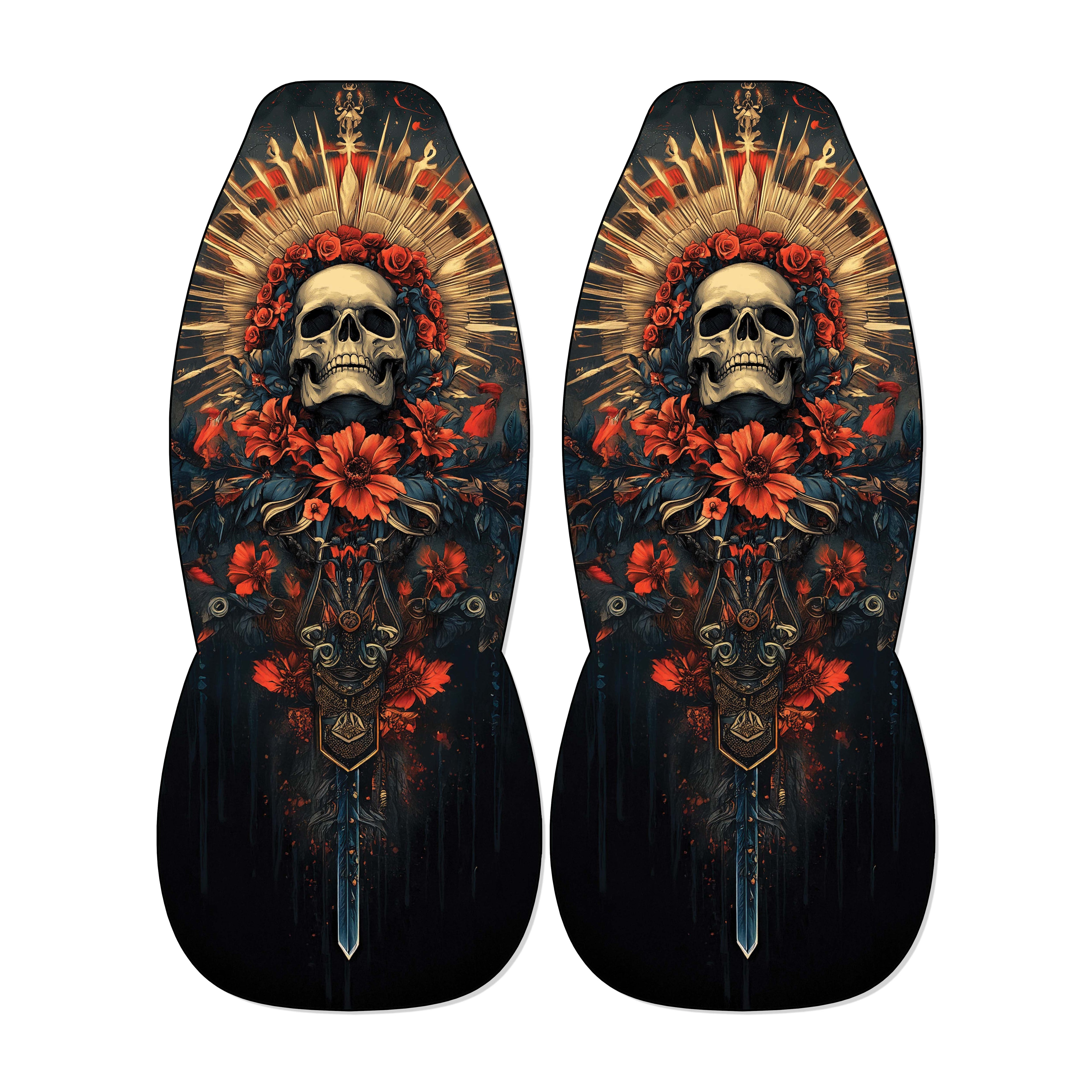 a pair of dark-colored shoes with a skull design and floral elements on the sides.