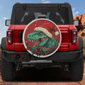 Red Ford Bronco rear with Dino Claus T-Rex Christmas spare tire cover featuring Santa hat and holly