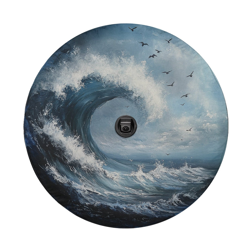 Tidal Wave spare tire cover flat art with backup camera cutout, painted breaking wave, seabirds and cloud sky