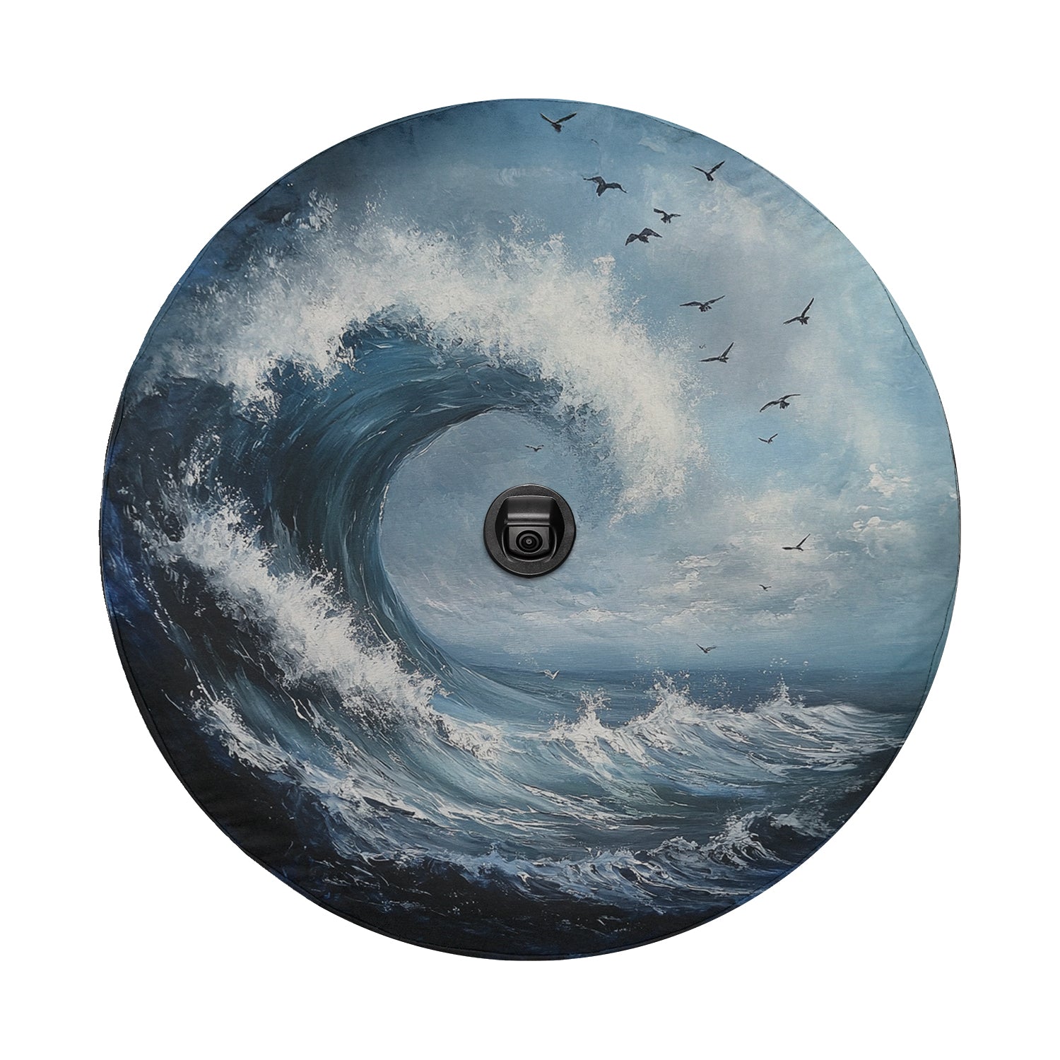 Tidal Wave spare tire cover flat art with backup camera cutout, painted breaking wave, seabirds and cloud sky
