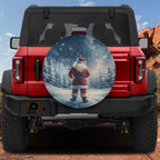 Santa's Silent Night spare tire cover on a red Jeep Wrangler depicting Santa under starry sky