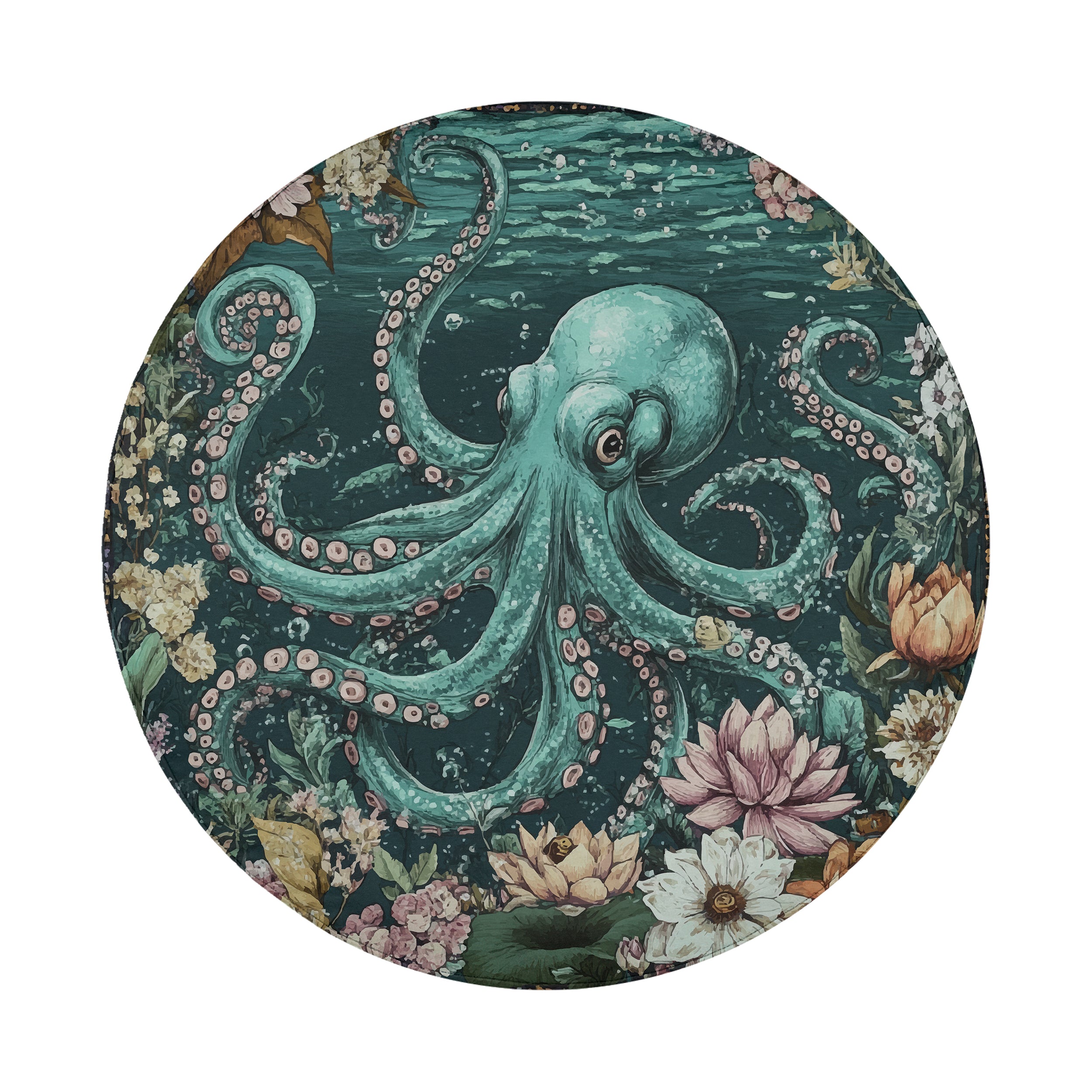 Enchanted octopus spare tire cover side view showing teal fabric and grommet trim