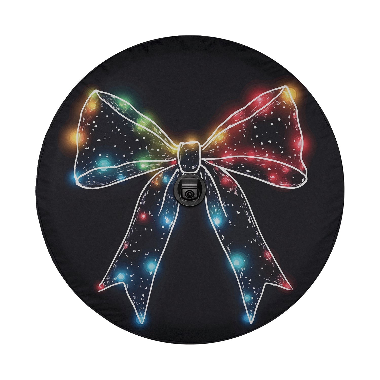 Christmas Lights Bow spare tire cover Jeep Wrangler rear scene showing colorful glowing ribbon bow art