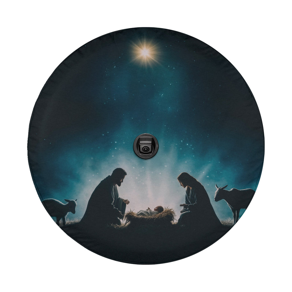 A nativity scene depicting the birth of Jesus Christ, with the Virgin Mary and baby Jesus in a manger surrounded by animals.