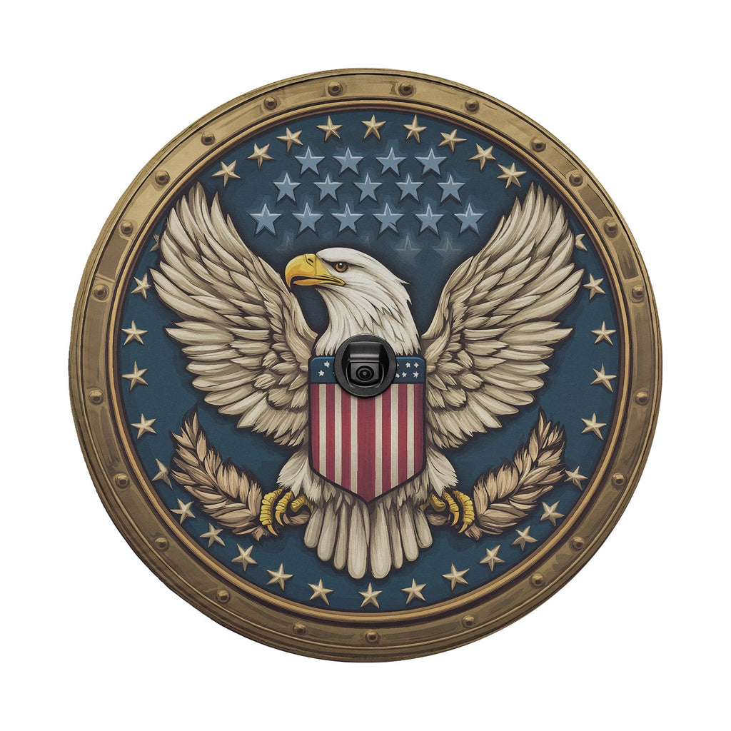 American Freedom Seal spare tire cover laid flat showing the soaring eagle and American flag design across the surface