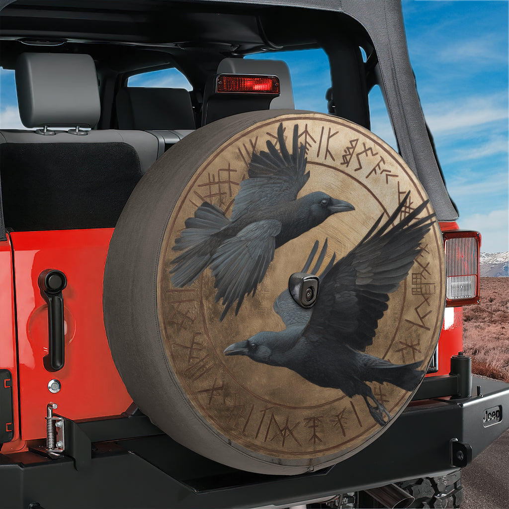 Hugin & Munin Norse Raven design printed spare tire cover with optional backup camera hole by Graffix