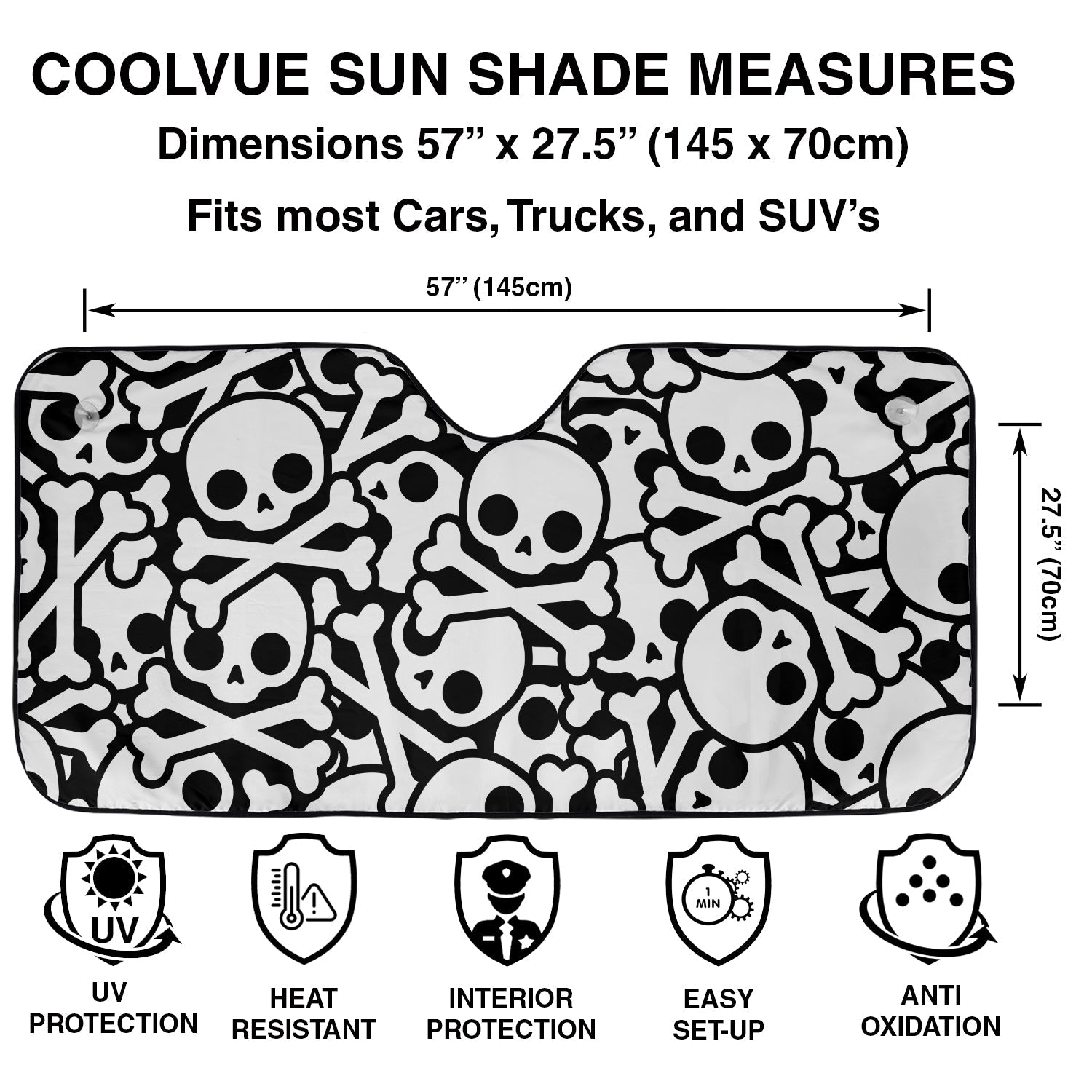 Skull and Crossbones windshield sunshade specs with 57 by 27.5 inch dimensions plus UV protection icons