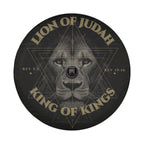 a close-up of a lion's face, with the text "LION OF JUDAH" and "KING OF KINGS" prominently displayed around the image.