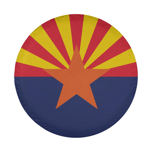 Arizona State Flag spare tire cover round design with red yellow sunrise rays and copper star on blue