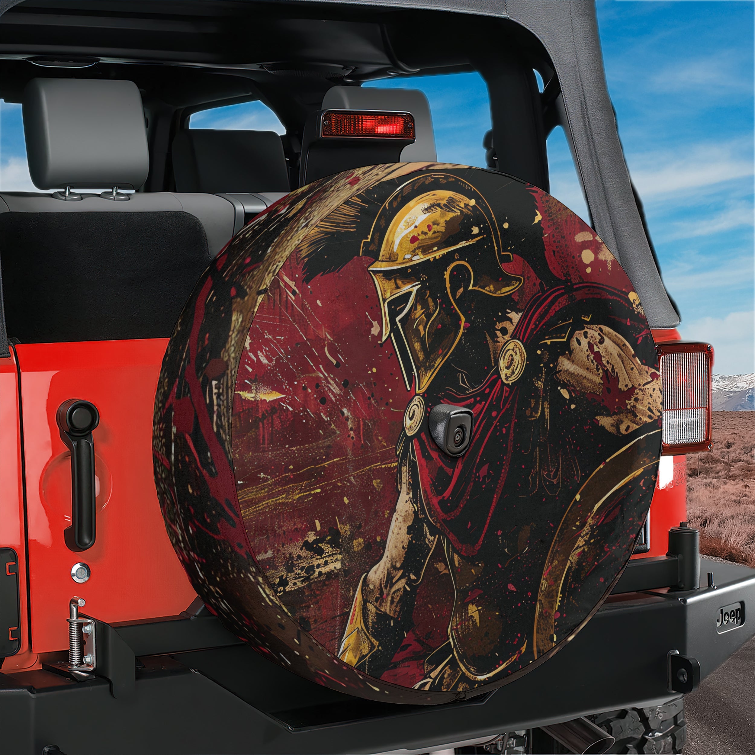 Spartan Warrior design printed spare tire cover with optional backup camera hole by Graffix