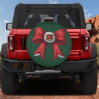 Coquette Santa belt bow spare tire cover on red Bronco green background red bow gold buckle design