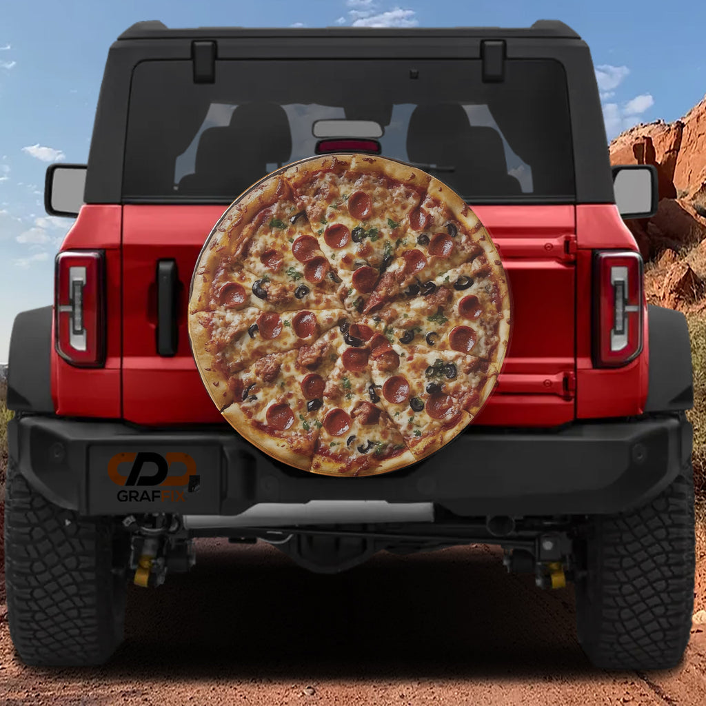 NY pepperoni pizza spare tire cover with black olives melted mozzarella and golden crust round print