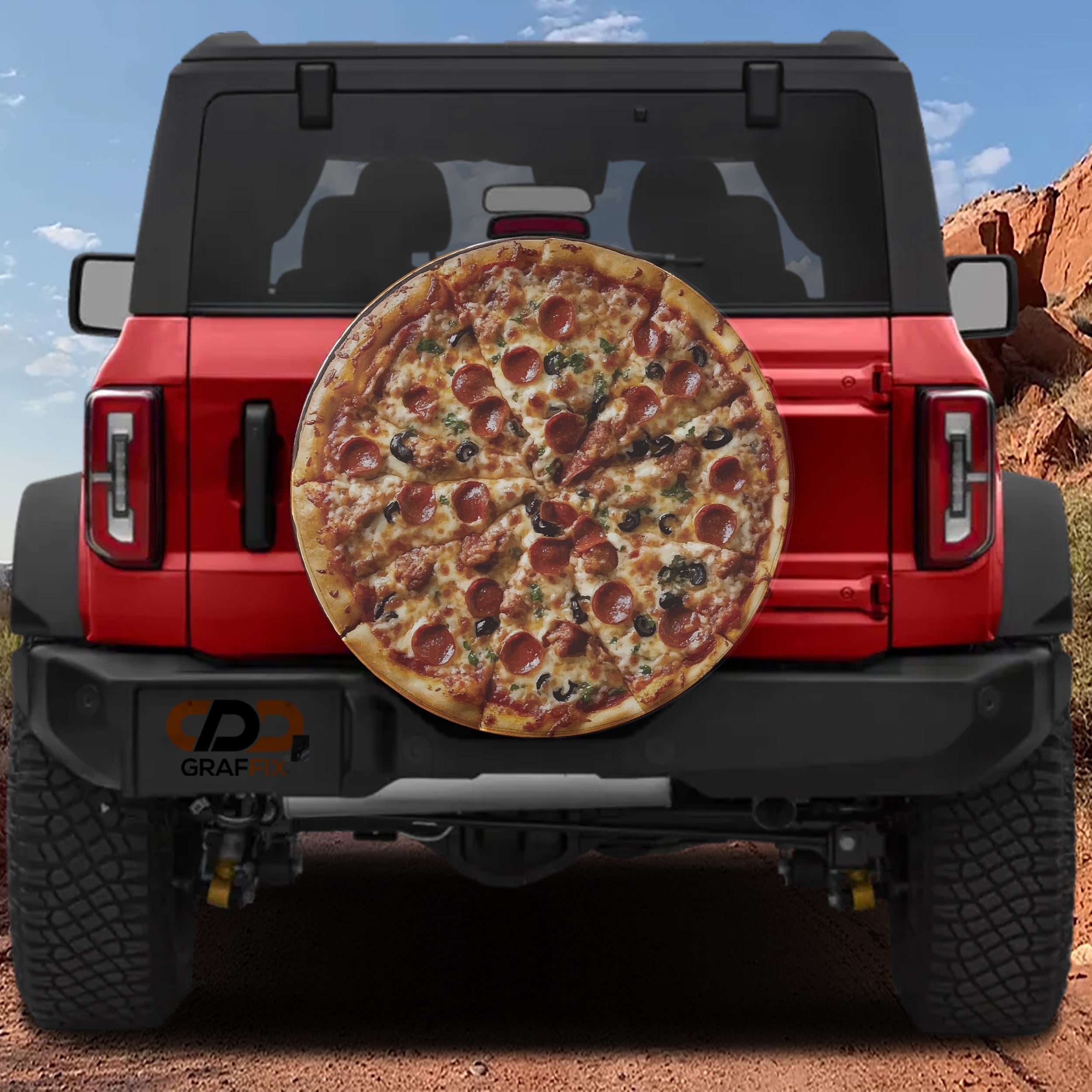 NY pepperoni pizza spare tire cover with black olives melted mozzarella and golden crust round print