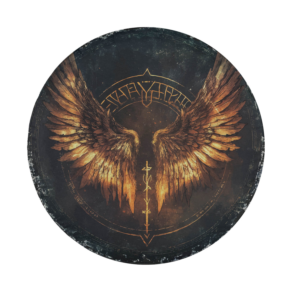 Norse Valkyrie wings spare tire cover installed on a black Jeep Wrangler showing GRAFFIX bumper sticker