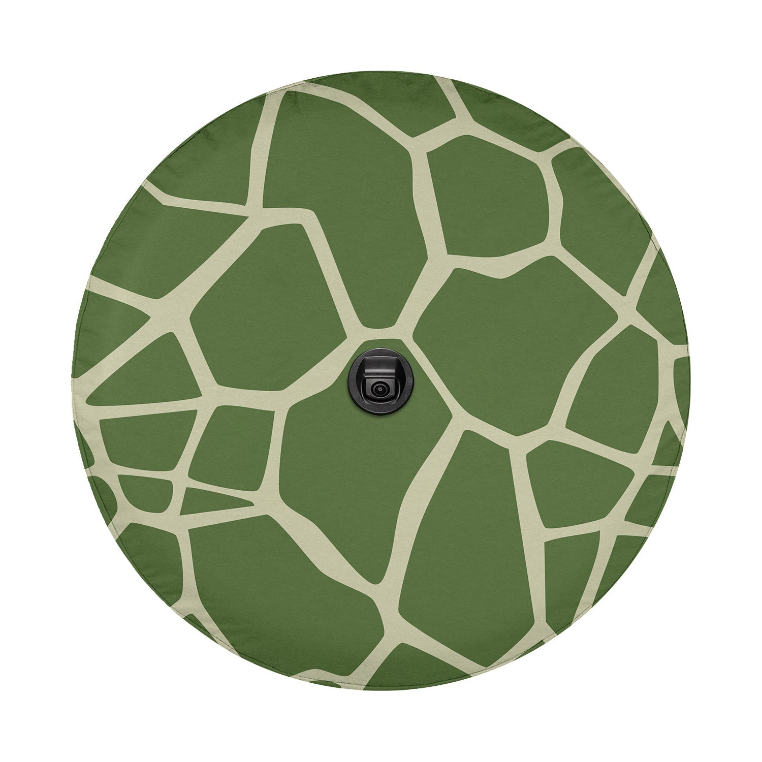 Turtle Trek spare tire cover flat art with backup camera cutout and green turtle shell scute pattern