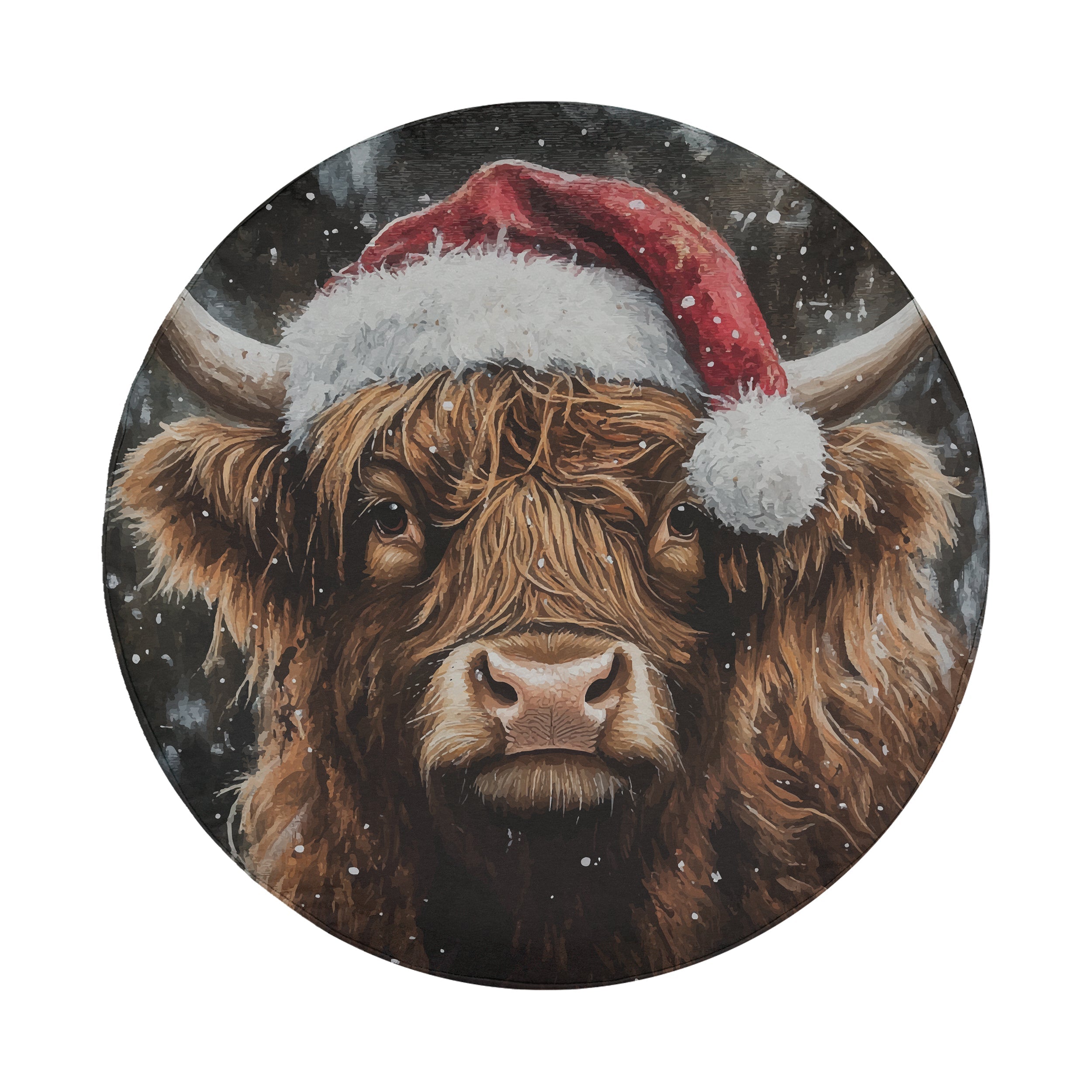 Close-up tire cover art of a Highland cow wearing a red Santa hat with falling snow background