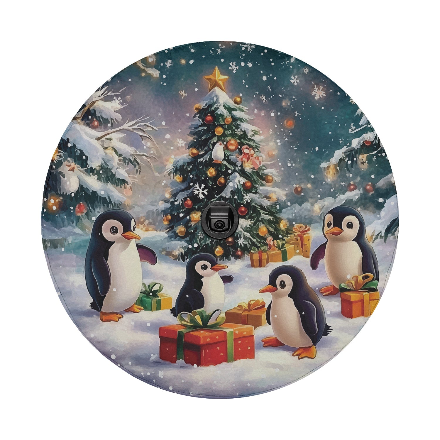 Penguin Present Parade spare tire cover flat round product shot with festive penguins gift boxes and snowflakes