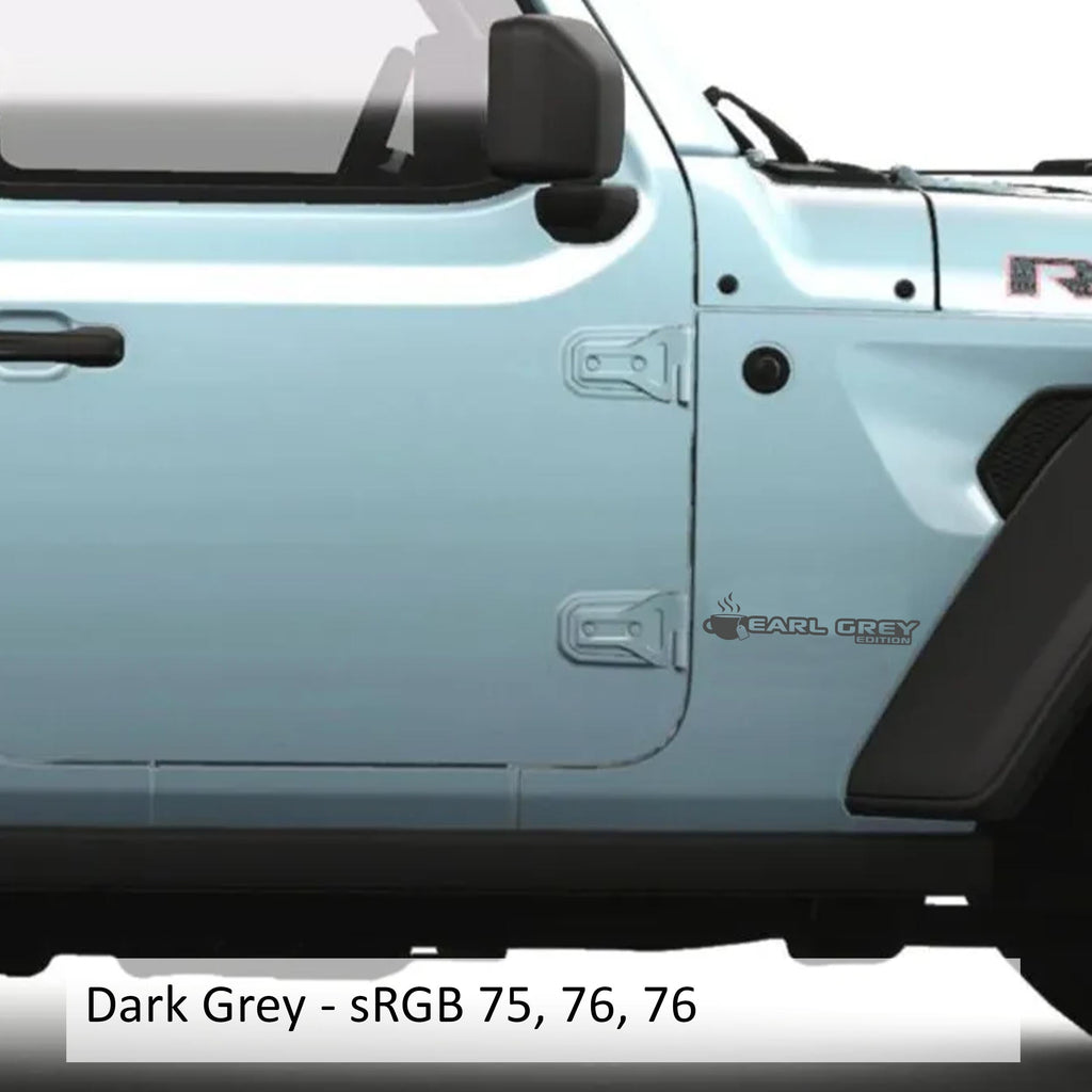 Earl Grey Edition fender decal in dark grey sRGB 75 76 76 applied to light blue Jeep Wrangler JL fender area