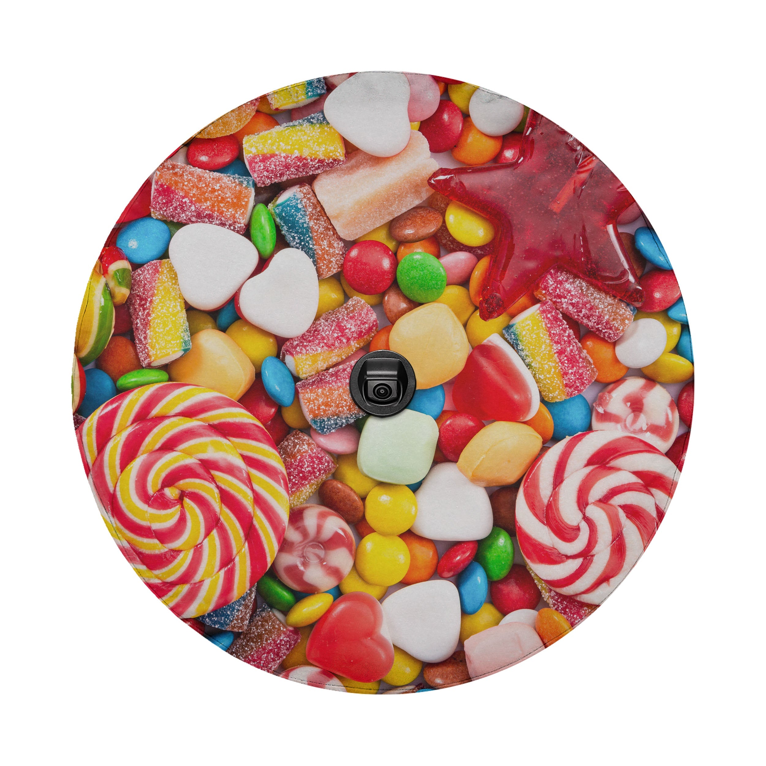 A colorful assortment of candies, including lollipops, gummy bears, and other sweets, is displayed in the image.