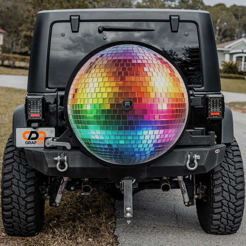 Rainbow Disco Ball design printed spare tire cover with optional backup camera hole by Graffix