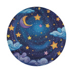 Flat round starry night sky tire cover closeup with yellow stars purple clouds and blue cosmic background