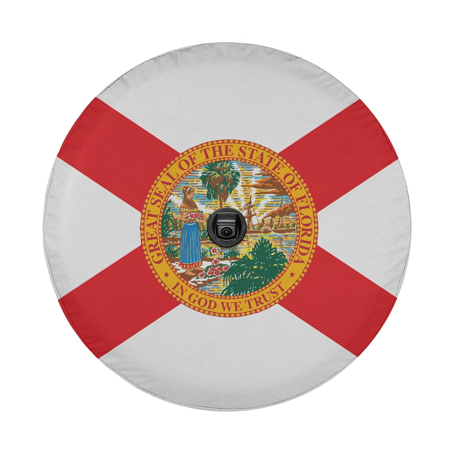 Florida state flag spare tire cover studio close-up of red saltire and Seminole woman seal without camera cutout