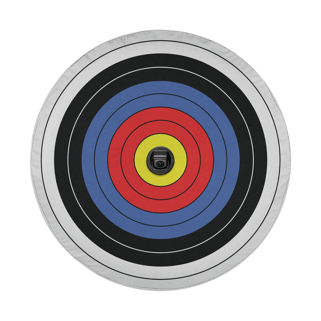 Bullseye archery target tire cover detail showing classic ringed shooting target design