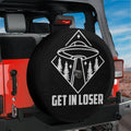 Get In Loser spare tire cover mounted on red Jeep rear with playful pink lettering and mean girls style script