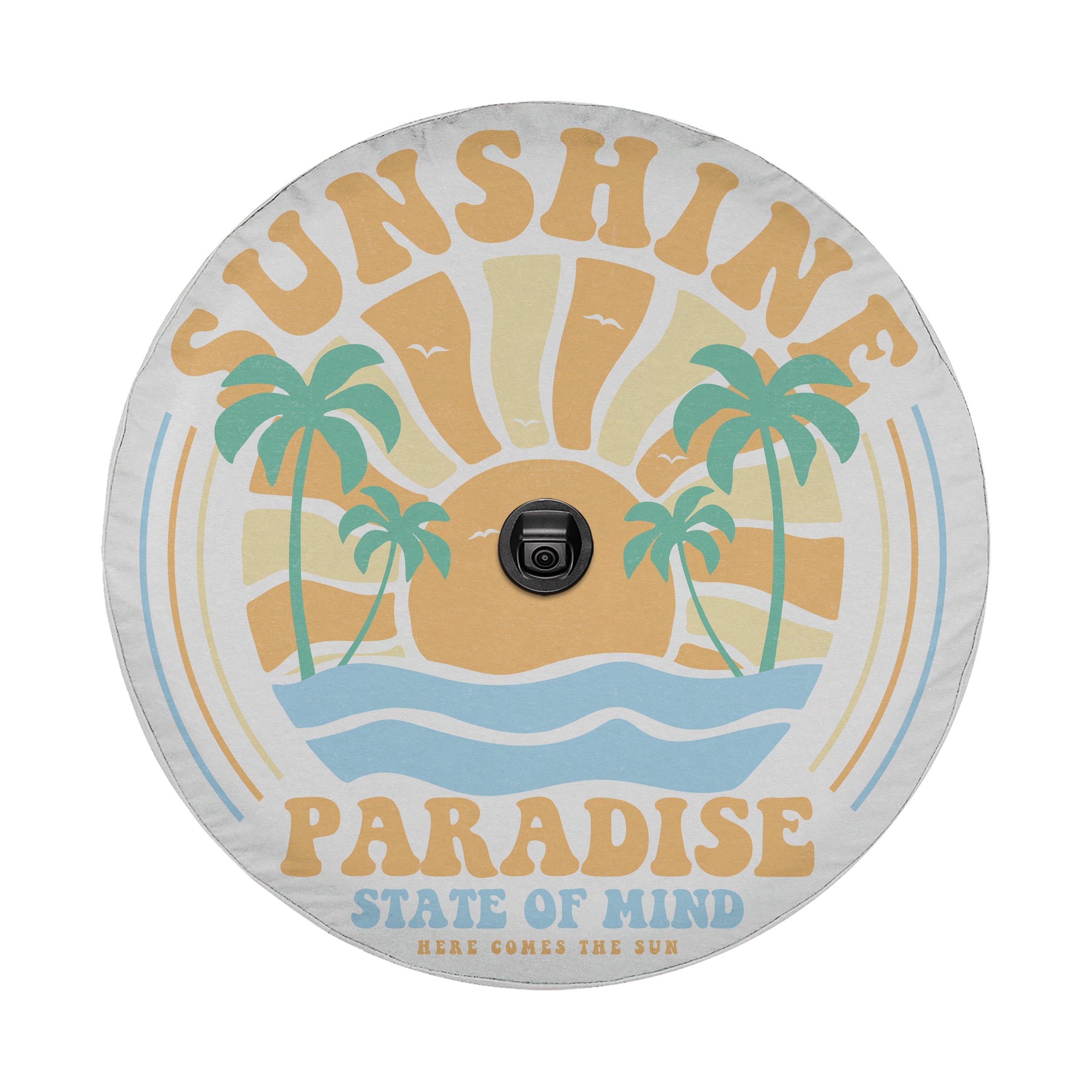 Sunshine Paradise design printed spare tire cover with optional backup camera hole by Graffix
