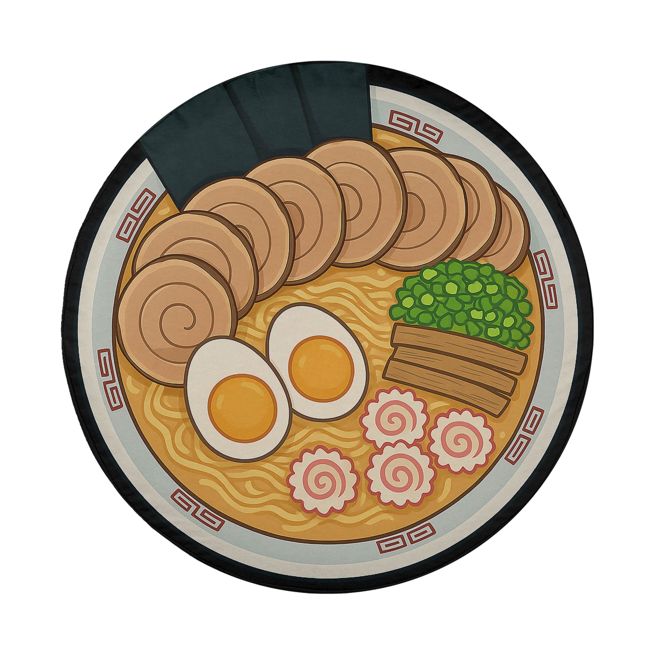 A plate of ramen noodles with sliced meat, boiled eggs, and vegetables.