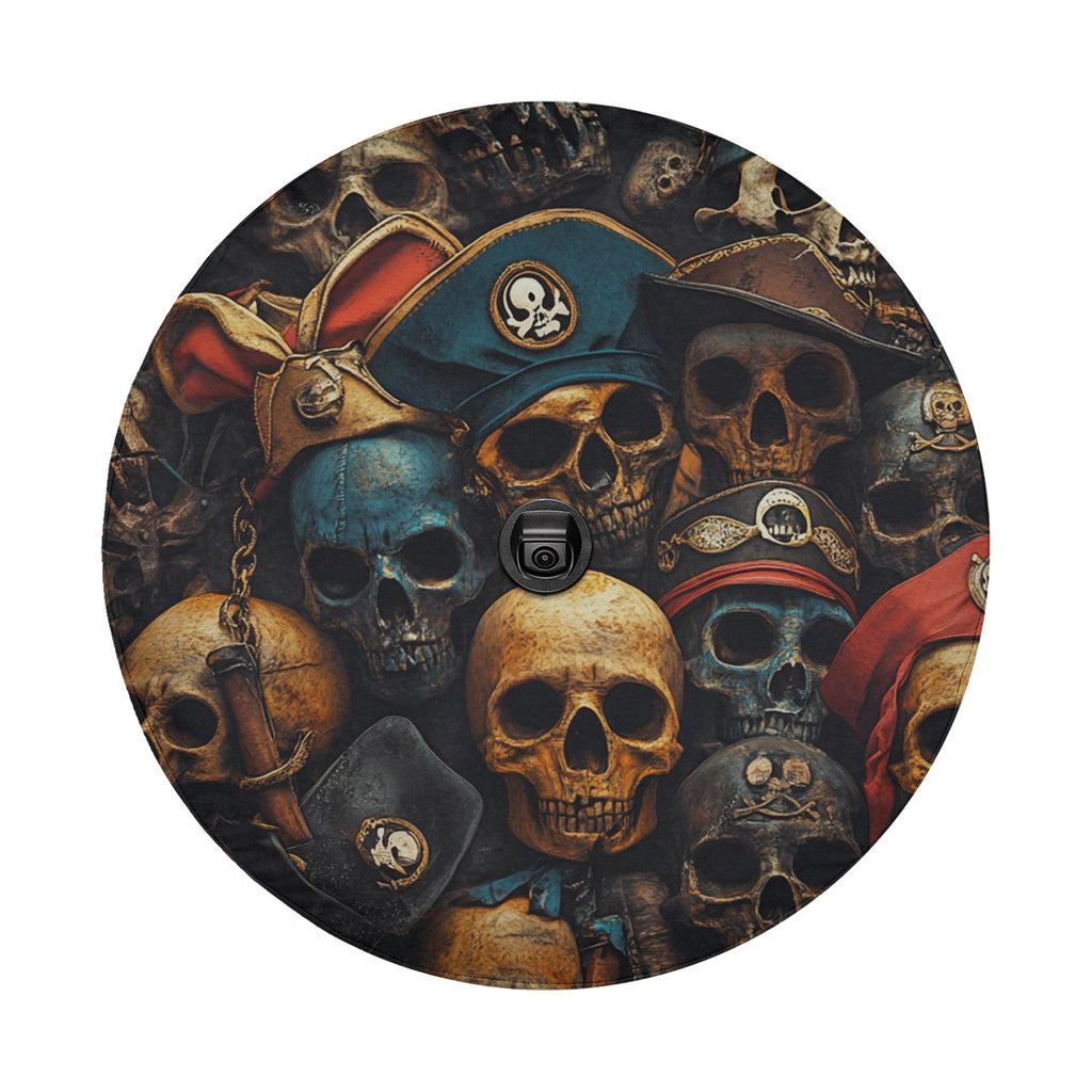 Pirate skulls tire cover flat round close-up showing stacked aged skulls wearing red blue tricorn pirate hats
