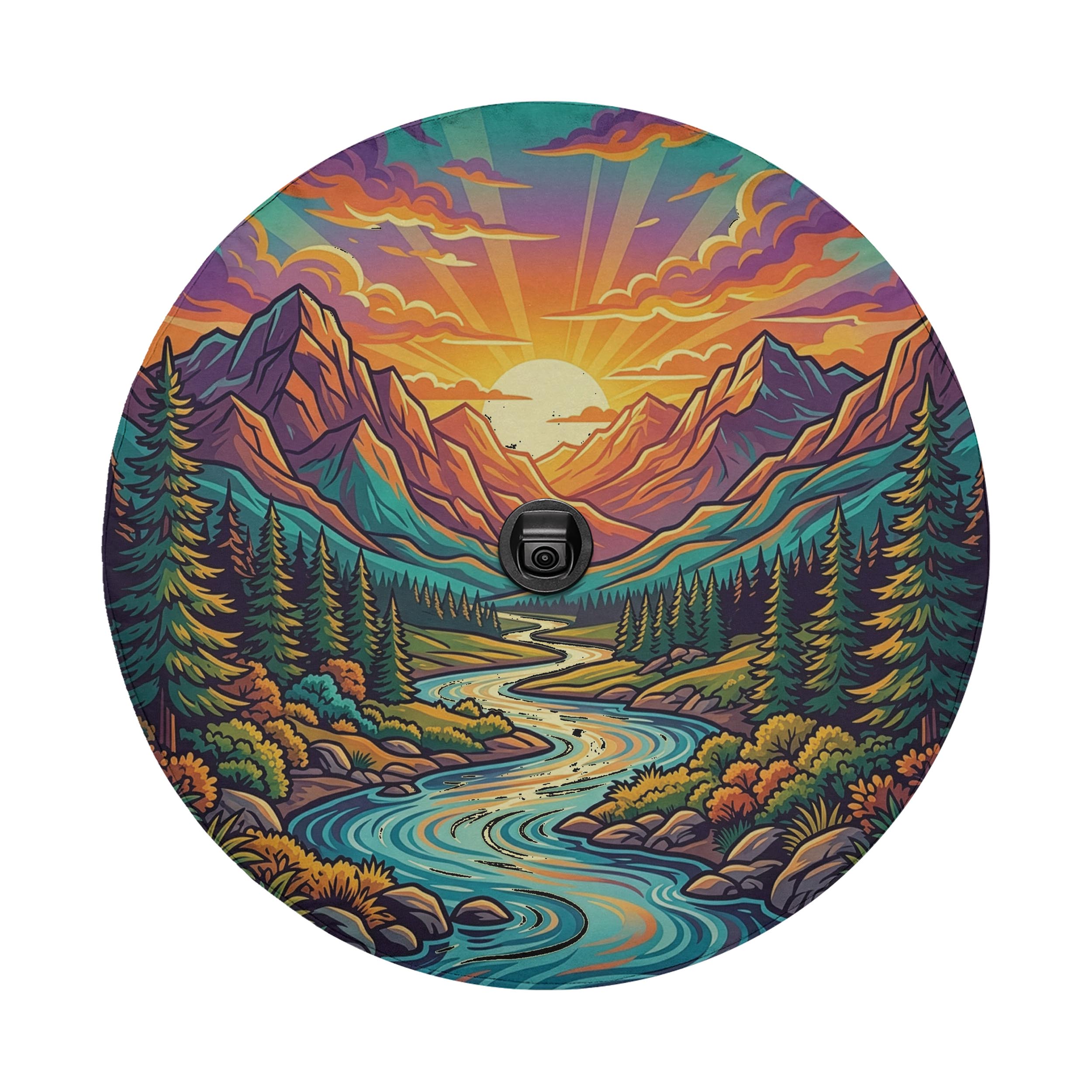 A vibrant, colorful illustration depicting a winding river surrounded by mountains, pine trees, and a sunset sky.