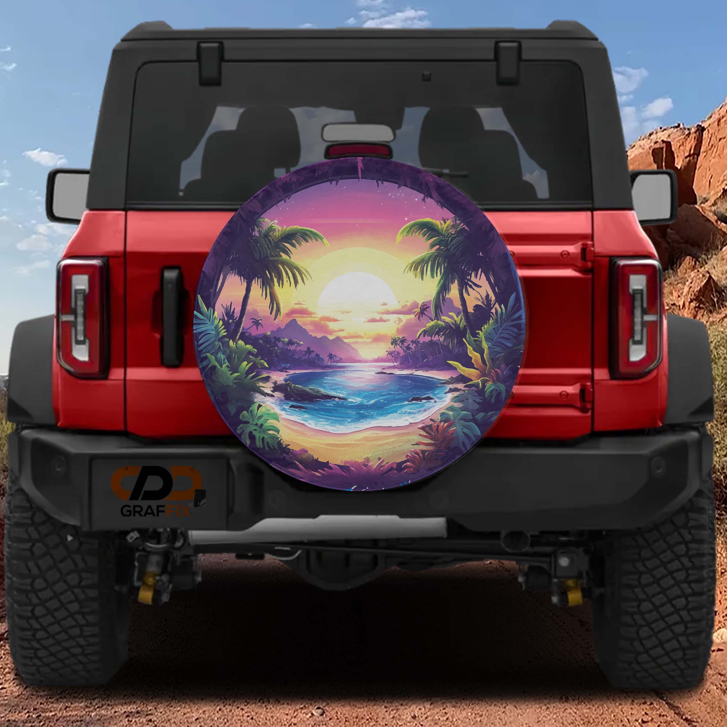 Paradise sunset tropical beach spare tire cover on red Ford Bronco with palms ocean purple pink sky