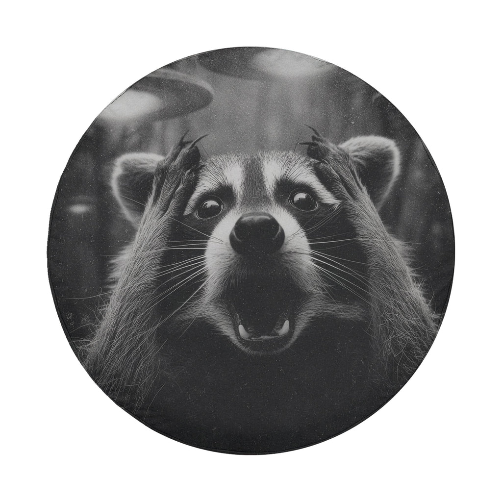 A raccoon with its paws covering its face appears to be in a state of surprise or excitement, with its mouth open and eyes wide.