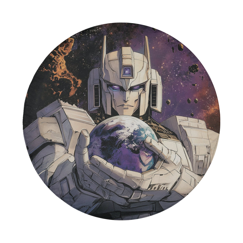 AstroBot Sentinel spare tire cover round flat product view showing sci-fi robot artwork