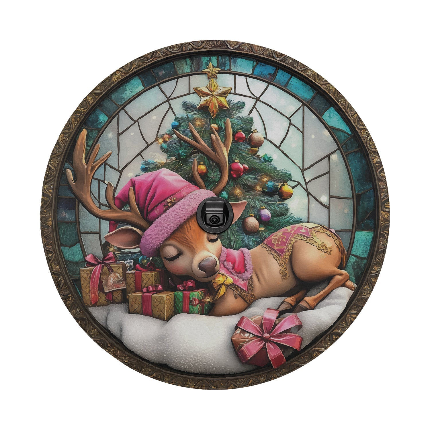 Baby Reindeer stained glass tire cover detail teal stained pane border sleeping fawn pink Christmas hat
