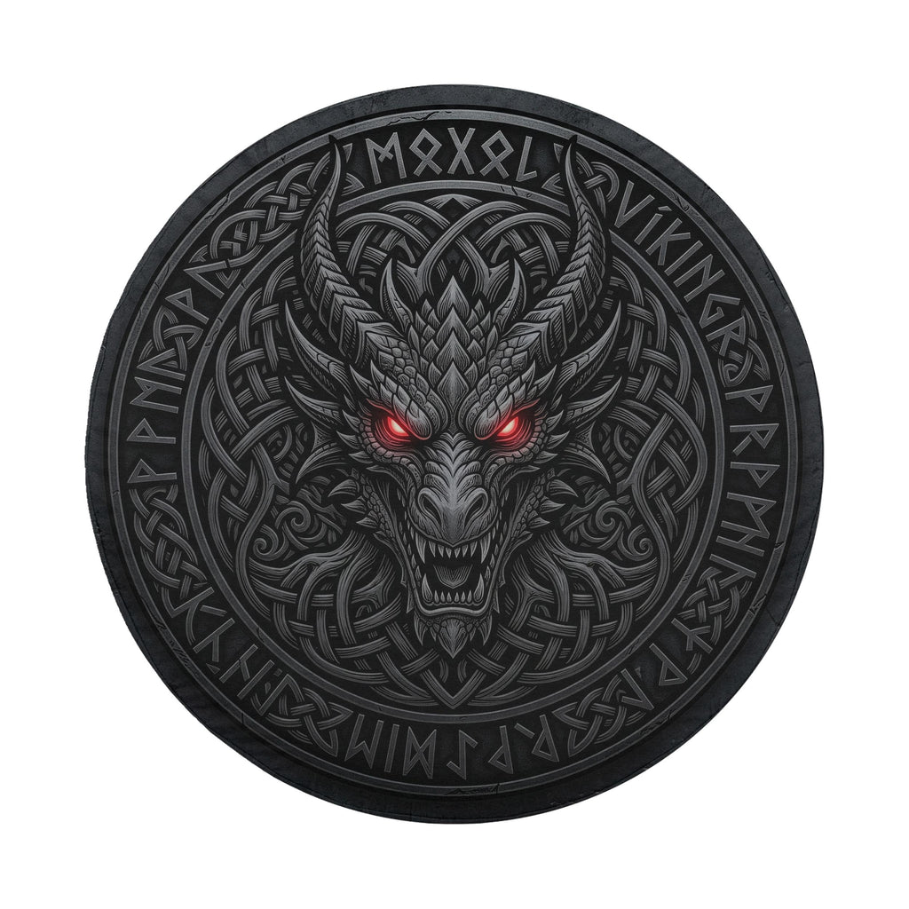 A dark, intricate circular design featuring a fierce dragon's head with glowing red eyes, surrounded by intricate patterns and symbols.