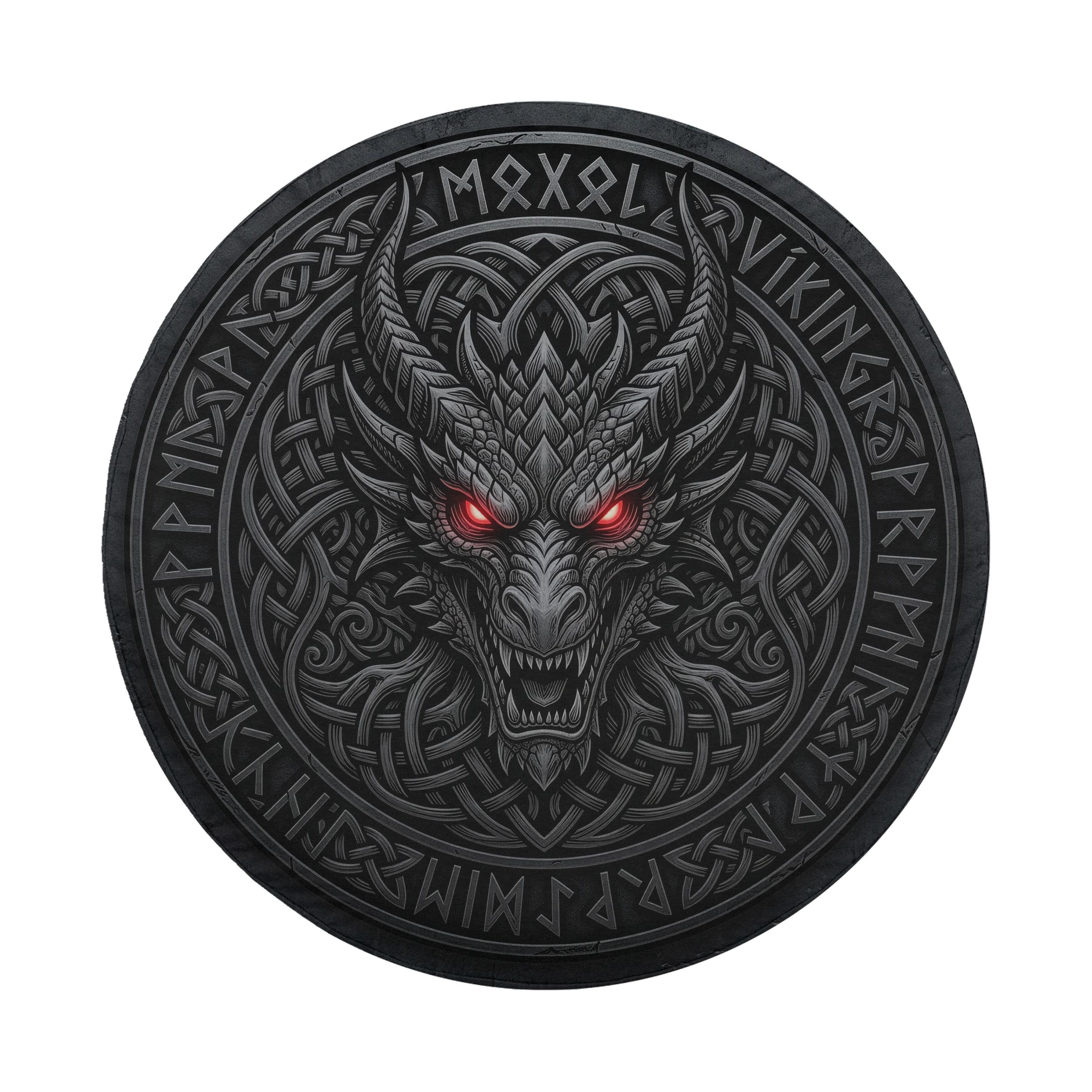 A dark, intricate circular design featuring a fierce dragon's head with glowing red eyes, surrounded by intricate patterns and symbols.