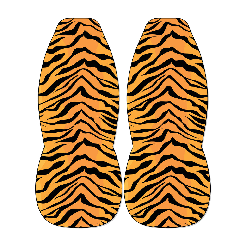 Tiger stripe front car seat covers with orange and black animal print on universal bucket seats