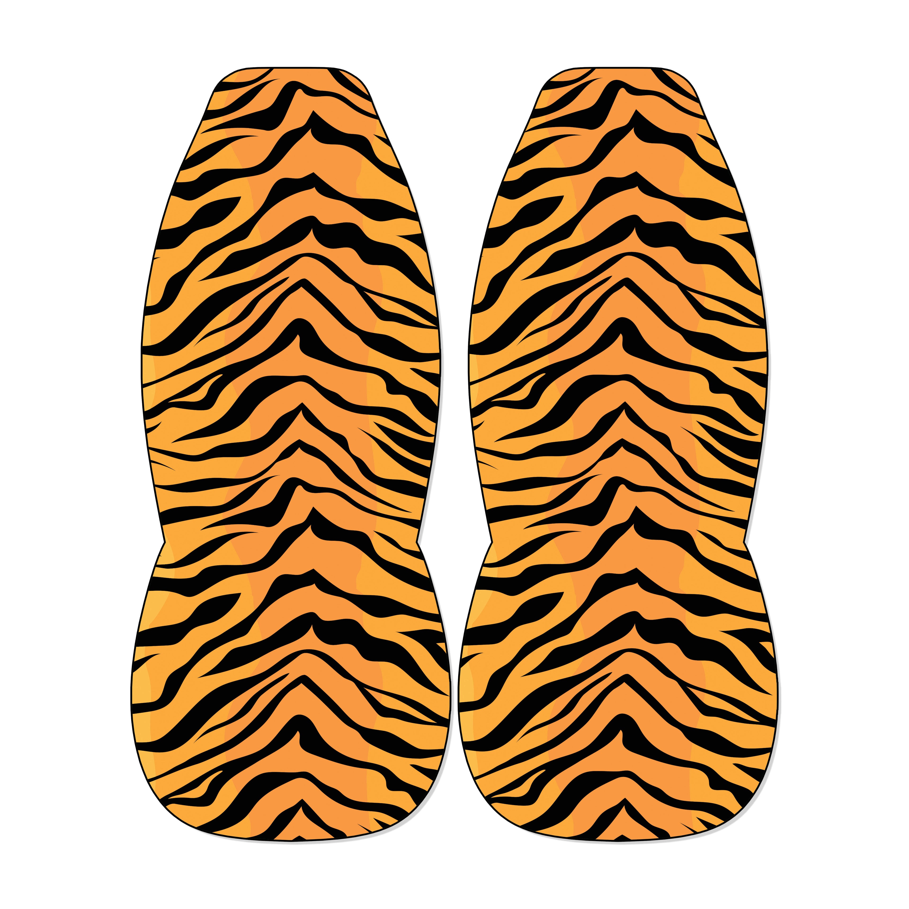 Tiger stripe front car seat covers with orange and black animal print on universal bucket seats