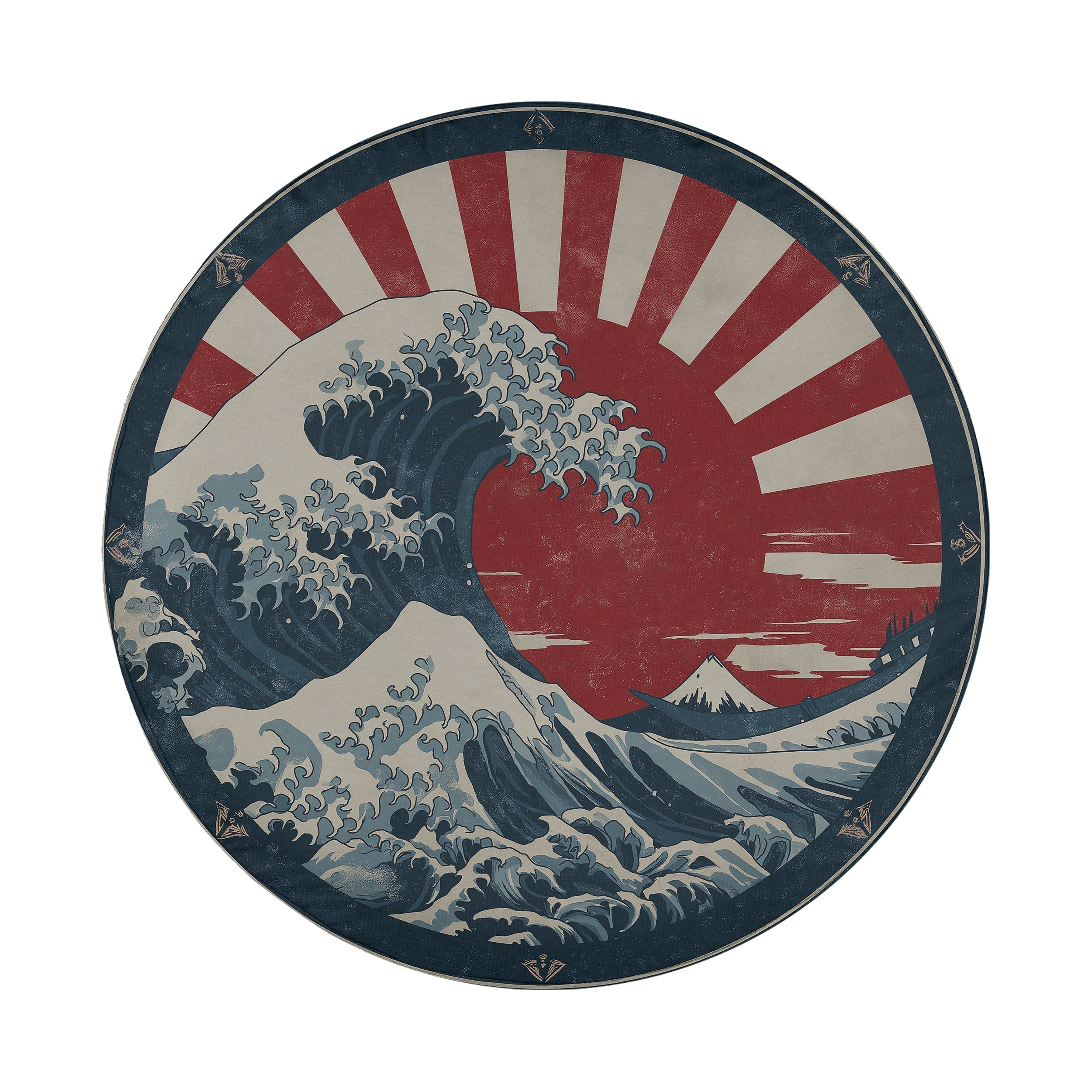 A circular graphic depicting a large, crashing wave with a red and white sunburst pattern in the background.